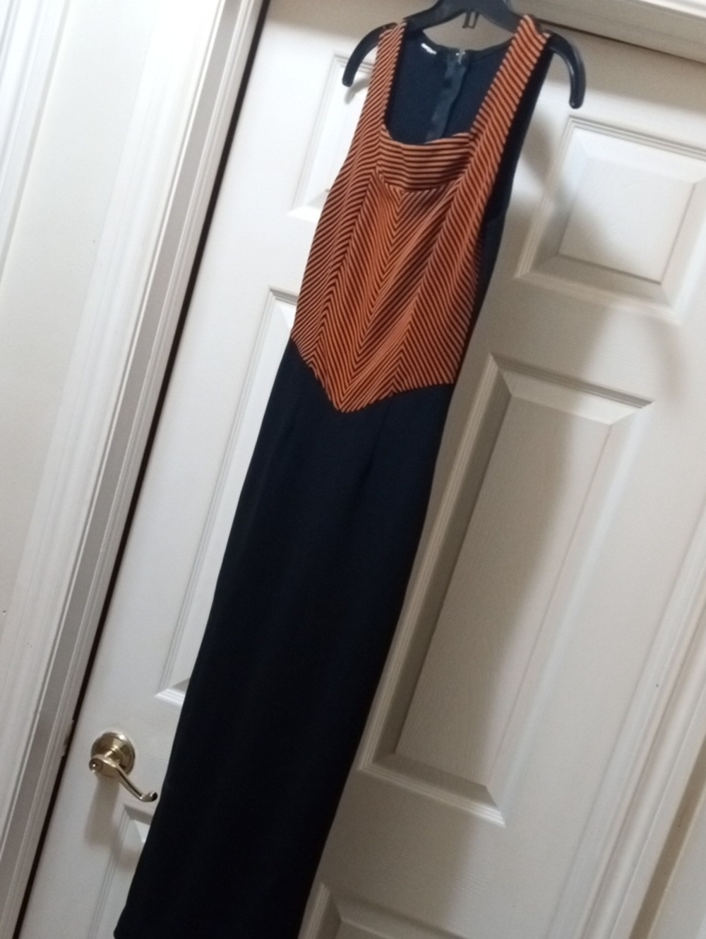 Sleeveless Black Maxi Dress with Orange Rust Chevron Bodice